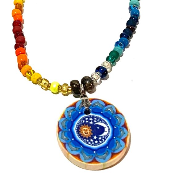 Handmade Rainbow Moon & Sun Yin & Yang Fimo Polymer Clay Seed Bead Boho Necklace - Picture 5 of 7